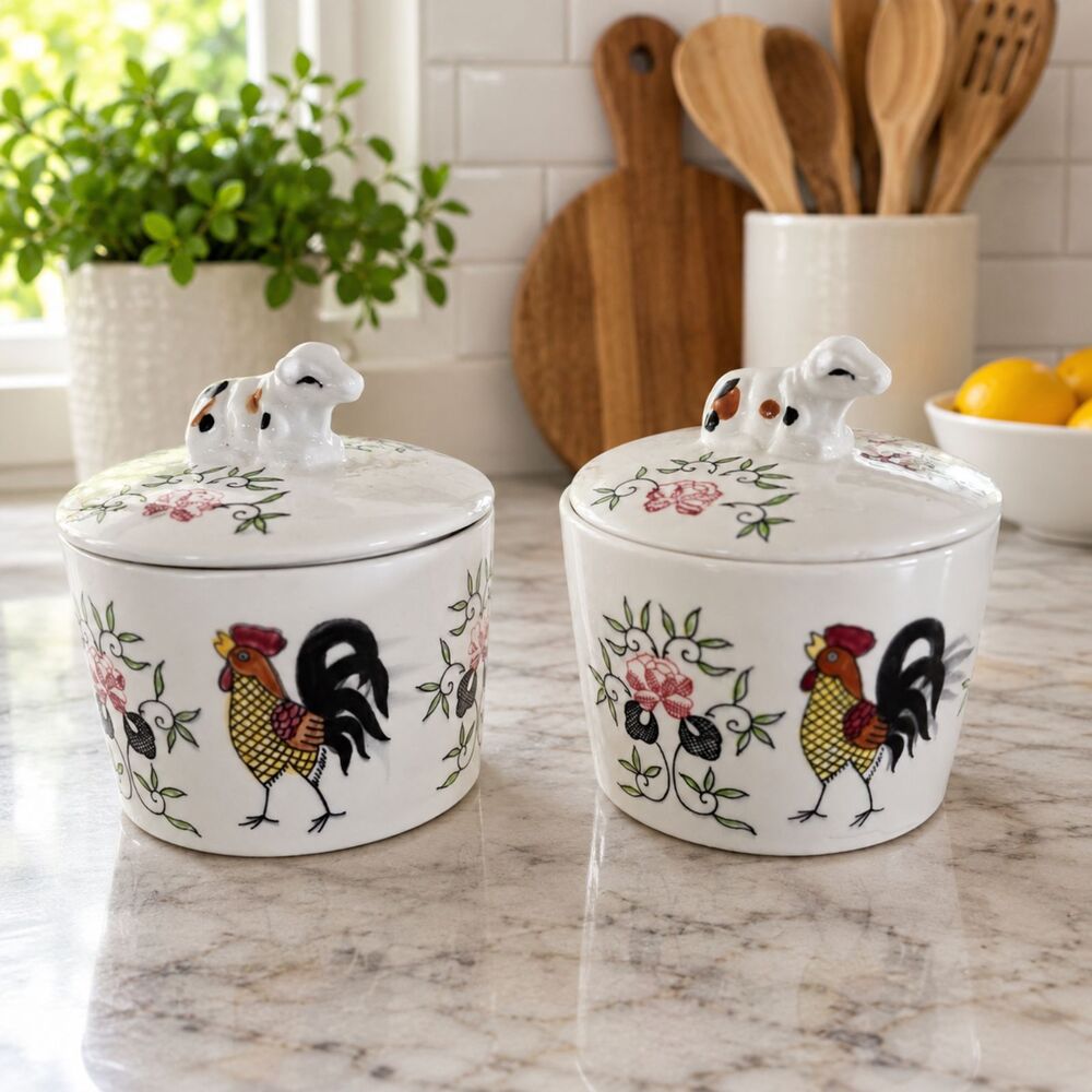 Vintage Ucagco Rooster & Roses Lidded Crocks Cow Knob Japan Set of 2